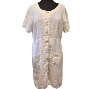 Vintage 90s Linen XCIT XL Cream Button Front Midi Dress Made IN USA